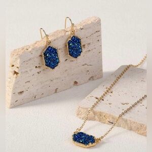 Blue Druzy Hexagon Gold tone Necklace, Earrings Jewelry Set